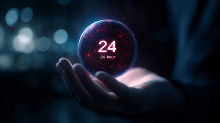 A glowing sphere displaying the number 24 in a dark environment, held in a hand.