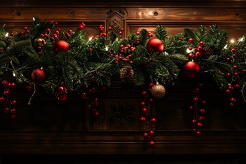 Canvas Print - A Christmas tree with red berries and gold balls hanging from the mantle. The tree is lit up with lights, creating a warm and festive atmosphere