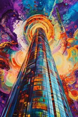 Sticker - Bold abstract portrayal of a futuristic skyscraper, set against a vibrant background of swirling colors and patterns.