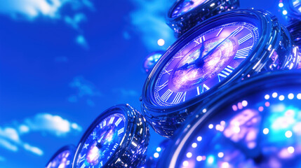 Timepieces in vibrant blue setting create mesmerizing visual effect, showcasing intricate designs and glowing elements. clocks symbolize passage of time and evoke sense of wonder