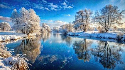 Wall Mural - tranquil winter scene with snow covered trees and water