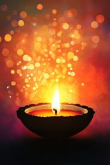 Wall Mural - Diwali lamp silhouette with a warm, inviting glow against a vibrant background.