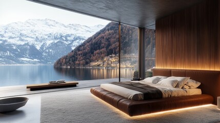 Wall Mural - bedroom interior design in a luxurious villa with huge windows by a lake