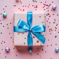 Gift Box with Blue Ribbon and Colorful Confetti