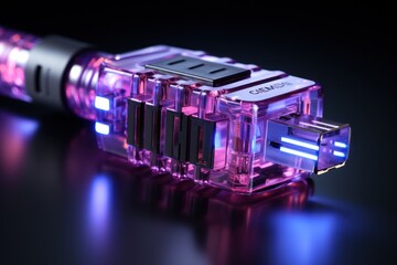 Poster - Close-up of a Transparent Pink and Blue Connector with a Black Background