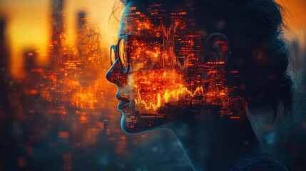 A woman's profile with a cityscape and data overlay, symbolizing digital connectivity and the impact of technology on our lives.