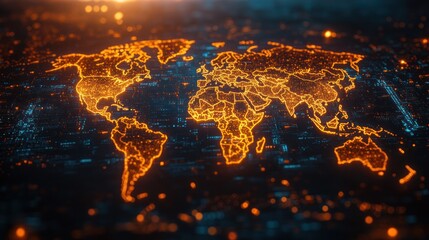 A glowing orange world map on a dark blue background.