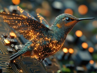 Wall Mural - a hummingbird with glowing wings, made of circuit board, hovers over a circuit board with glowing li