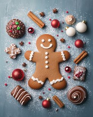 Gingerbread man surrounded by festive pastries and decorations on a blue background.