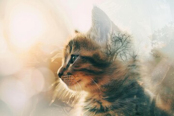 Wall Mural - Artistic double exposure of a kitten's profile blended with nature elements, creating a dreamy and serene atmosphere.