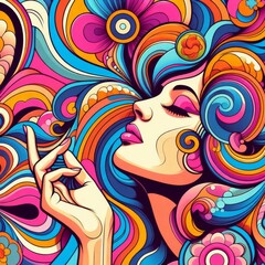 Abstract woman retro cool digital artwork. Contemporary pop art design, 70s style vivid flower child surreal pop art. Seamless pattern psychedelic hypnotic cartoon hippie trippy landscape
