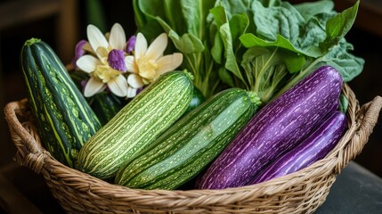 A basket filled with unusual Asian vegetables like Chinese bitter gourd, snake beans, and purple bok choy.