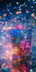 Wall Mural - A blue box with a red bow on top of it. The box is decorated with snowflakes and lights