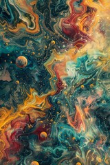 Sticker - A painting of a galaxy with many stars and planets. The colors are bright and vibrant, giving the painting a sense of energy and movement