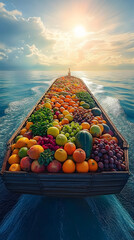 cargo ship brimming with vibrant fresh fruits and vegetables navigating through azure seas symbolizing the bustling global trade of perishable goods under a radiant sunlit sky