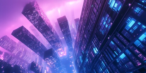 Wall Mural - High-angle shot of a towering skyscraper with glowing synthwave hues.