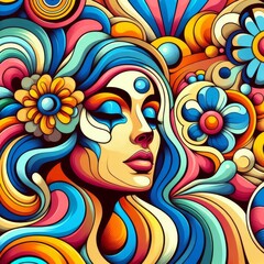 Abstract woman retro cool digital artwork. Contemporary pop art design, 70s style vivid flower child surreal pop art. Seamless pattern psychedelic hypnotic cartoon hippie trippy landscape
