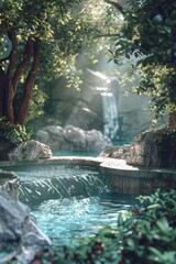 Poster - A beautiful waterfall is surrounded by trees and rocks. The water is crystal clear and the sunlight is shining on it, creating a serene and peaceful atmosphere