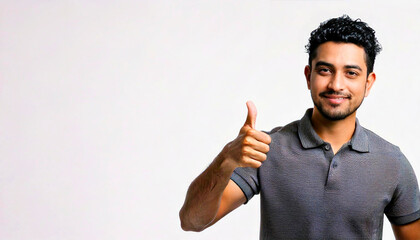 A portrait of a smiling South Asian man wearing a gray polo shirt and giving a thumbs up against a white background.