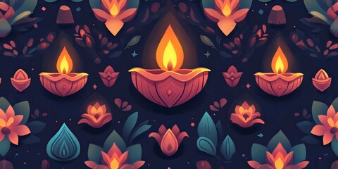 Sticker - A colorful and festive pattern featuring glowing oil lamps and floral motifs, perfect for celebrating Diwali or other cultural festivals.