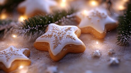 Christmas sweet cookies stars as christmas decorations - Close up