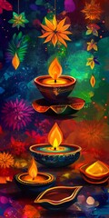 Sticker - A painting of a colorful scene with candles in bowls. The candles are lit and the bowls are arranged in a way that creates a sense of depth and movement