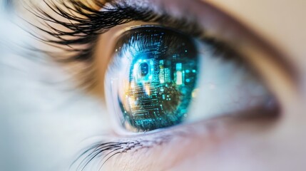 A close-up of a human eye with a digital interface reflected in the pupil, symbolizing AI and augmented reality.