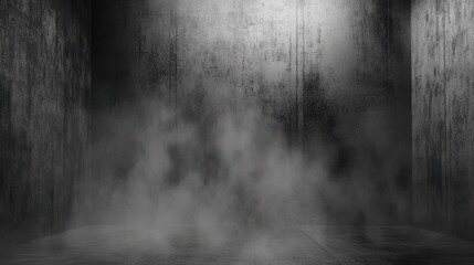 Empty dark abstract cement wall and studio room with smoke float up interior texture for display products wall background.