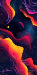 Wall Mural - A colorful abstract painting with a blue background and orange and yellow swirls. The painting has a dreamy, surreal feel to it