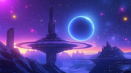Wall Mural - futuristic city on an alien planet with a blue moon in the sky.
