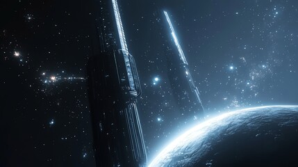 Wall Mural - Two futuristic skyscrapers rise above a distant planet and a starry night sky.