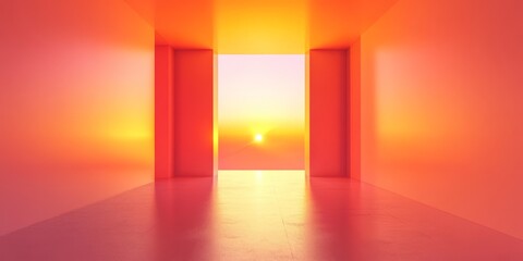 Sticker - A room with a large window that lets in the sun. The room is empty and the walls are painted in a bright orange color