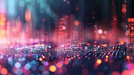 A cityscape with a lot of lights and a lot of dots
