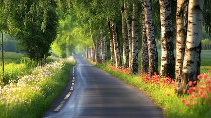 Wall Mural - A winding road lined with birch trees.