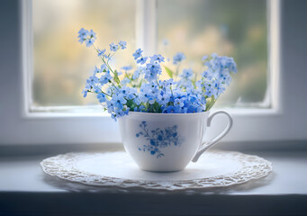 Sticker - Blue flowers of a forget-me-not in a cup in a window on a lacy tray.