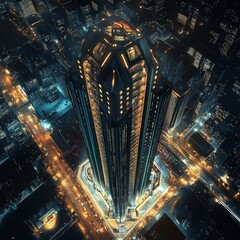 Sticker - Aerial perspective of a towering skyscraper with retro-futuristic lighting.