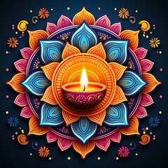 diwali festival background, Colorful Diwali Rangoli design with a lighted lamp set against a dark background celebrating the festival of lights