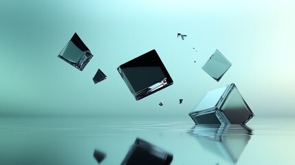 Wall Mural - several glass cubes are suspended in mid air over a light blue surface.