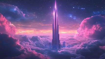 Wall Mural - A futuristic skyscraper pierces the clouds, reaching towards the starry night sky. The scene evokes a sense of wonder and possibility.