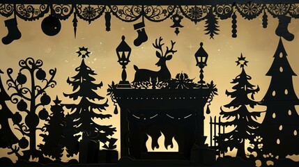 Poster - A Christmas scene with a fireplace and a deer on top of it. The scene is filled with trees and other decorations