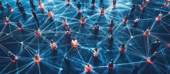 Wall Mural - a network of interconnected people represented by small figures, linked by glowing lines, symbolizin