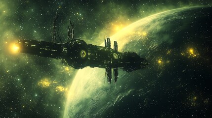 Wall Mural - a large spaceship hovers in space above a green planet with glowing lights.