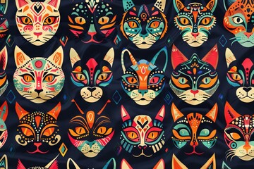 Sticker - Cat heads featuring colorful tribal ornaments in a repeating pattern.