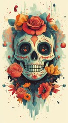 Wall Mural - A beautifully illustrated Day of the Dead skull adorned with vibrant flowers and intricate artistic details.