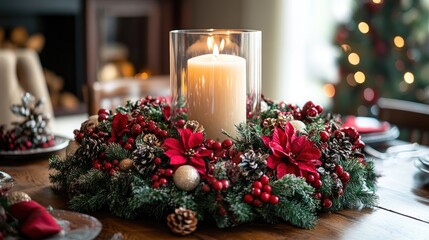Wall Mural - burning candle is displayed on table as festive christmas decoration
