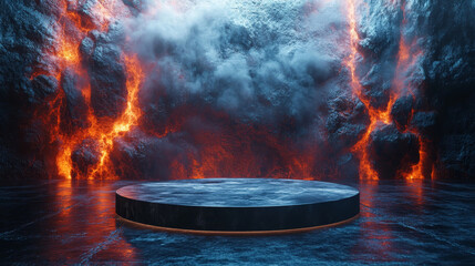 Round empty podium glowing surrounded by volcanic magma eruption, smoke and dark background