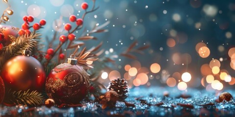 Poster - Beautiful Christmas decorations featuring ornaments, pine cones, and festive foliage with sparkling bokeh lights in a winter wonderland.