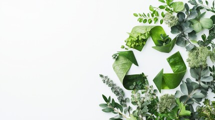 Green recycling symbol made out of leaves and elements of nature on white background