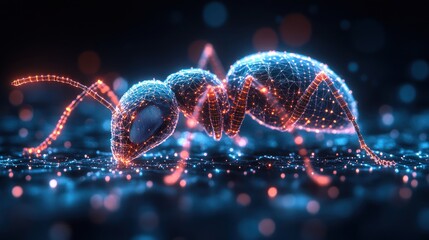 Wall Mural - A stylized digital rendering of an ant, rendered in a glowing wireframe style with red and blue lights.
