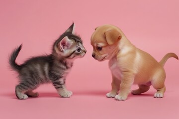 A playful kitten and energetic puppy interact on a soft pink background during a bright afternoon